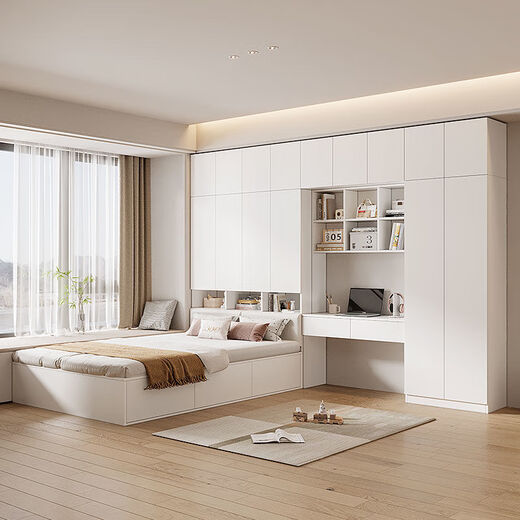 Zhibang (Zbom) Tatami kleiner Wohnungsbettschrank integrierter Kleiderschrankschreiber Kinderbett Multifunktionskombination Aufbewahrung Schlafzimmer Schlafzimmer Cloakroom White Eiche Farbbett vertikale Schrank Deckenschrank + Computertisch + Matratze 1350 mm*2000 mm [Massivholz Ökologische Board]