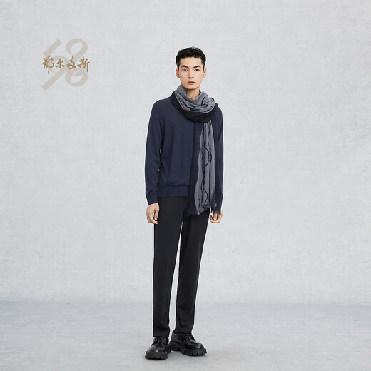 Ordos 1980 new worsted pure cashmere printed shawl men's casual and comfortable shawl 25 early spring dark blue 200cmX75cm