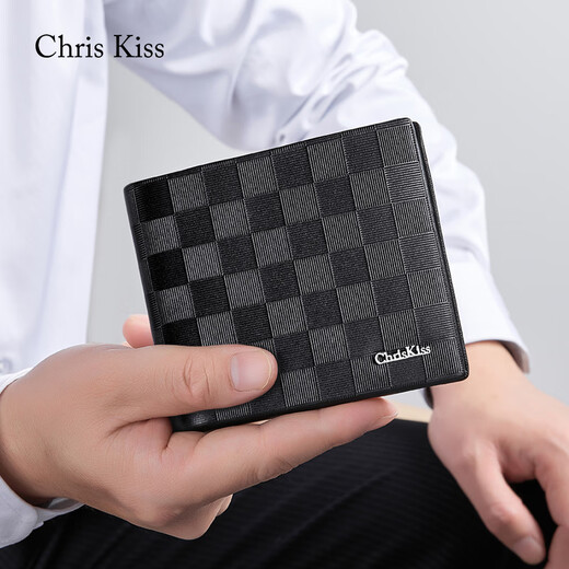 CHRIS KISS男士钱包男真皮短款皮夹时尚钱夹高档实用生日礼物送男友老公爸爸 格纹/专柜礼盒/头层牛皮