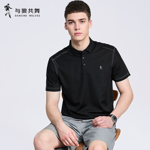 Tanzen mit Wölfen [mit Mulberry Seide] Helle Linie kurzärmeliges T-Shirt für Männer 2025 Sommermodal atmungsaktives kühles Polo-Hemd 6187 Schwarz 001 m (170)