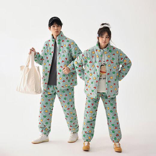 Kissing Cat Crayon Shin-chan co-branded couple pajamas for women winter three-layer quilted men's home clothes can be worn outside, women's M