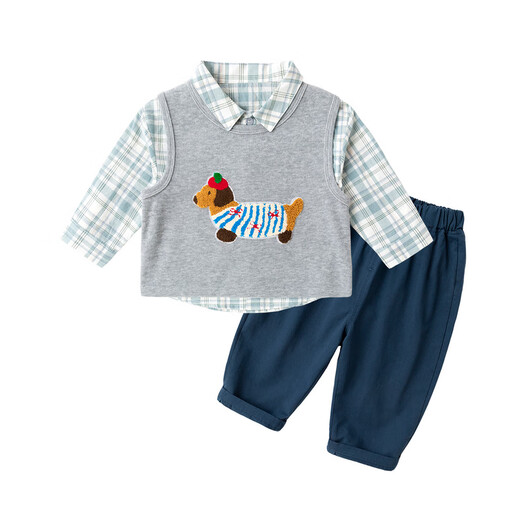 Dudujia Children's Autumn Plaid Shirt Suit Boys Lapel Jacket Knitted Vest Baby Cotton Pants Casual Jacket Blue 90