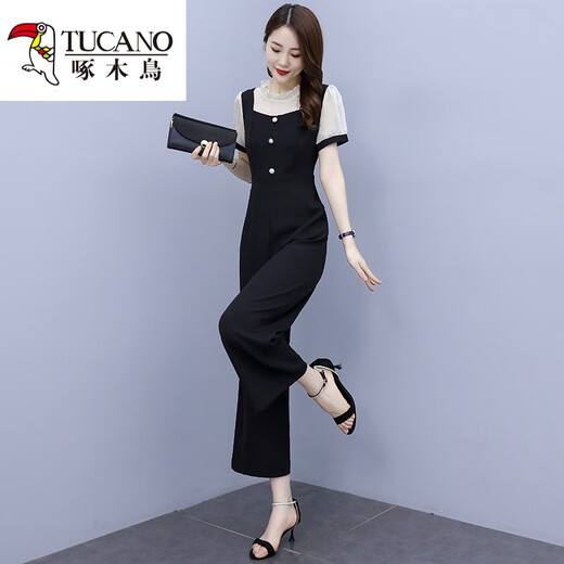 
Woodpecker Short Sleeve Chiffon Wide Legs Jumpsuit Set Women's 2025 New Fashion Temperament Summer Thin All-in-One Jumpsuit [1098#] Apricot M