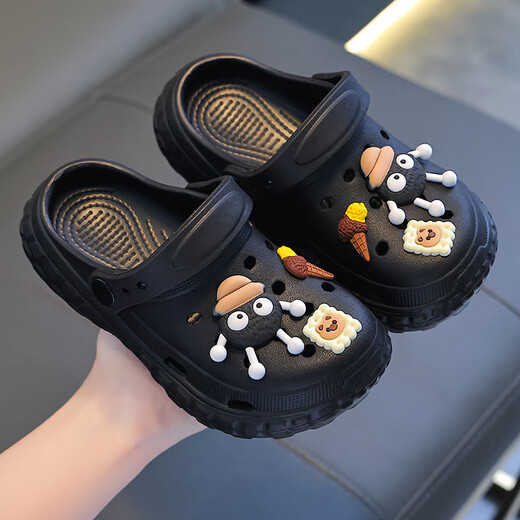 Candy astringent summer new style of children's cute boys and girls' stomping on shit feel anti-slip hole shoes, non-slip inside and outside, two-wear parent-child slippers, black size 34/35 (shoe length 22CM