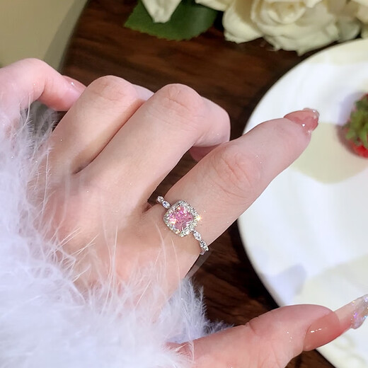 Hua Youxin Persimmon s925 silver ring female pink diamond small sugar cube ring female niche design high-end plain ring ring open index finger ring pink diamond small sugar cube ring