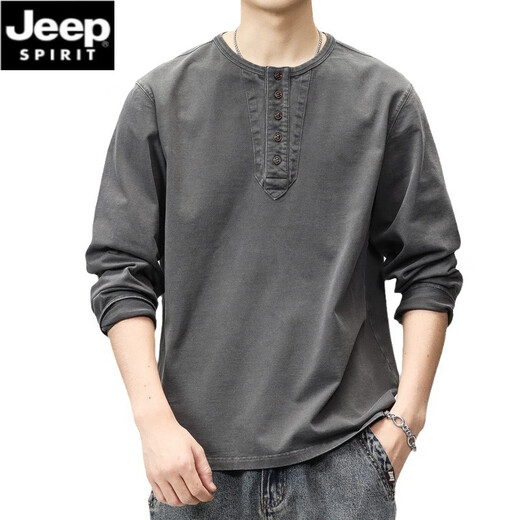 JEEP SPIRIT American retro round neck long-sleeved T-shirt men's spring and autumn heavyweight cotton sweatshirt loose trendy brand Henry collar bottoming shirt Mocha brown 2XL suitable for 160-180Jin Jin equals 0.5 kg