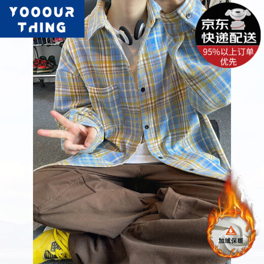 YOOOURTHING美式复古格子衬衫男长袖春秋冬加绒加厚宽松情侣百搭休闲衬衣外套 CJ9734-蓝格 加绒 XL (建议125-145斤)
