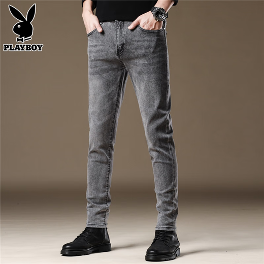 Playboy (Playboy) Jeans-Männer Frühling und Herbst 2025 Neues, schlankes Fit Trendy hübsches, vielseitige Gelegenheitshose für Männer 1048 Black 28 Empfehlung [90-105jin [Jin gleich 0,5 kg]]