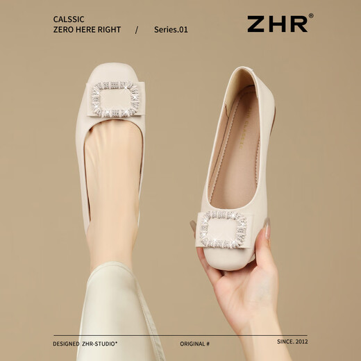 ZHR单鞋女一脚蹬浅口通勤女鞋平底减龄夏季船鞋女 AH613 米色 37
