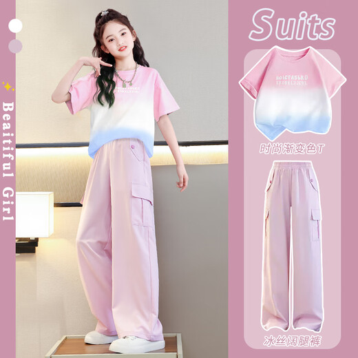 Nickybaby Girls Labour Hosen Set Sommer 2025 Neue Kinder Dopamine Trendy Summer Girls Kurzhülse Zwei-teilige Set 15029 Pink Purple + 9889 White 130