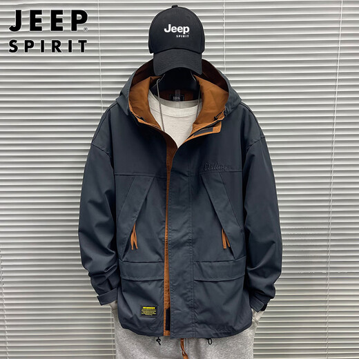JEEP SPIRIT Jeep Jacket Men's Hooded Autumn and Winter Jacket Men's Casual Men's Trendy Work Clothing Tops Dark Gray XL