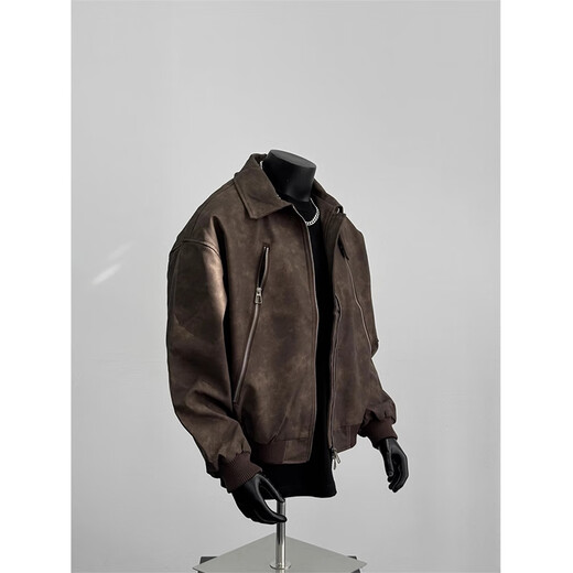 
POUM American retro trendy brand PU leather jacket men's spring and autumn style trendy high arcade motorcycle clothing hip-hop jacket SY-Y1029 brown XL