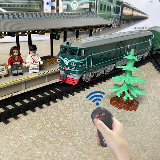 Aole remote control electric train toy model track set green leather Dongfeng 4B internal combustion engine door opening with light birthday gift remote control green leather locomotive Dongfeng 4B internal combustion engine ordinary battery set