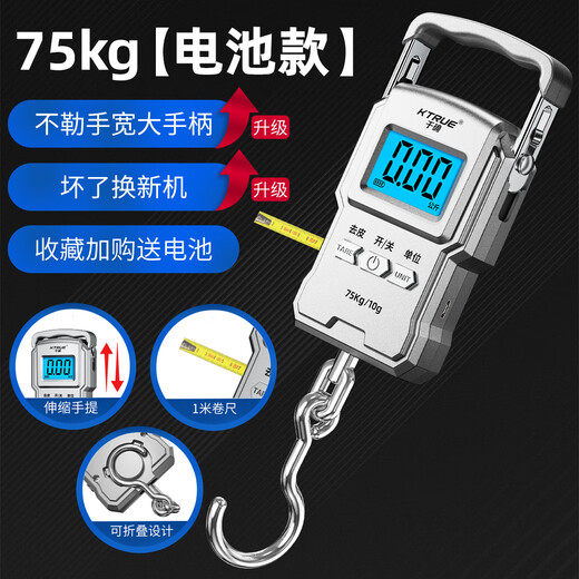 Qianque high-precision portable electronic scale small express delivery portable household hook hook spring luggage fish device silver battery model - battery with tape measure 75kg10g
