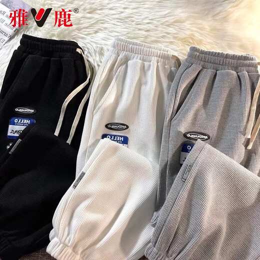 雅鹿华夫格长裤卫裤男春季舒适男裤男士潮牌ins动漫印花休闲港风宽松 B3881黑色 3XL