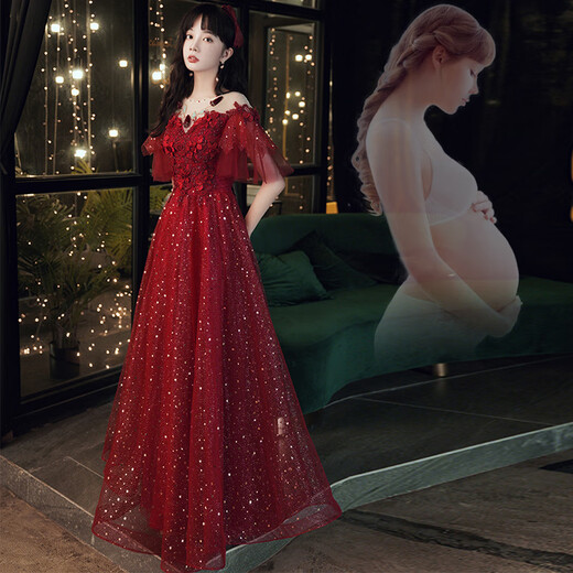 Chuangjingyi selects girls' coming-of-age ceremony red dress and toasting suit for the bride, burgundy fugitive princess gauze skirt, French engagement wedding, burgundy maternity model XL