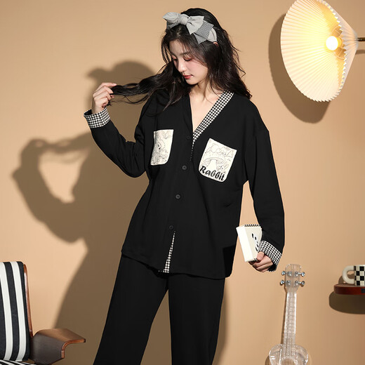 LangSha couple pajamas for women spring pure cotton long-sleeved with chest pads that can be worn outside home clothes men's cotton casual cardigan set 8060 M women + 2XL men