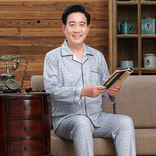 琉善中老年睡衣男长袖春秋夏季家居服爸爸老人开衫套装加肥大码可外穿 829蓝 2XL 【适合130-145斤】