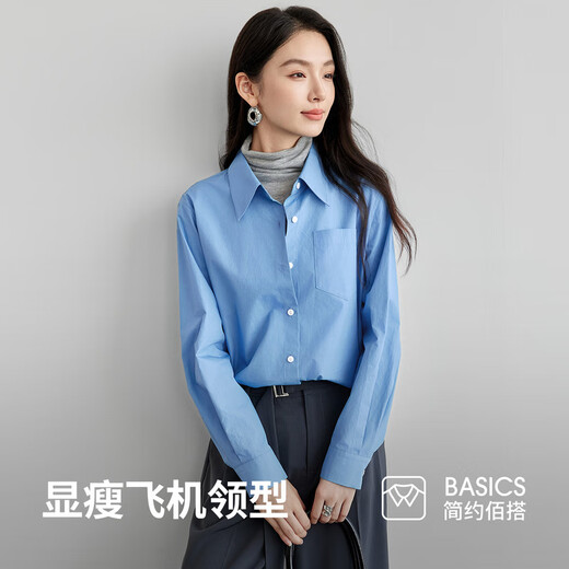 Chandubila 100% Cotton College Style Shirt Women's New Year Comfortable Long Sleeve Top Loose Casual Shirt Blue L