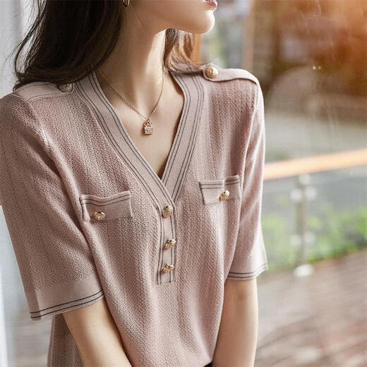 
Pier Cardin small fragrance style v-neck slim short-sleeved women's T-shirt age-reducing 2025 summer women's ice silk sweater breathable thin top DX677# pink. S recommended 85-100Jin [Jin equals 0.5 kg]