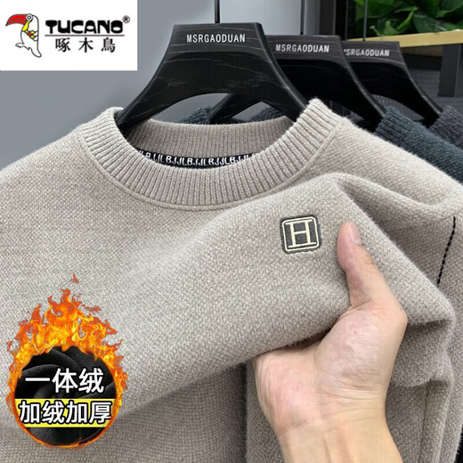 Woodpecker integrated velvet high-end round neck sweater for men's autumn and winter style plus velvet thickened warm base knitted sweater clothes 10749/9906 black [plug thickened] M