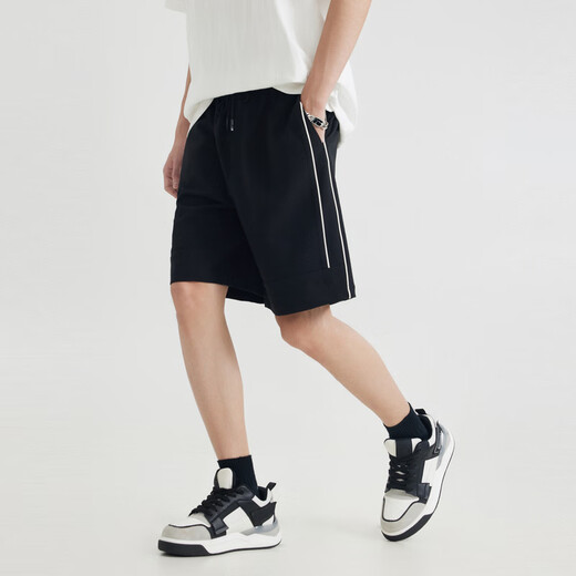 CABBEEN jacquard texture loose casual shorts men's 2025 summer high elastic sports five-quarter pants versatile and breathable coal black 01 S /165/46