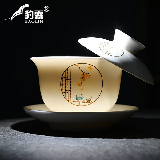 Baolin Dehua mutton-fat jade tea set Kung Fu set Chinese light luxury tea cup office white porcelain teapot cover bowl set 10 mutton-fat jade-covered bowl-Chinese window grille No Specifications