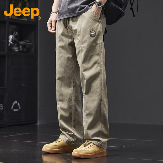 Jeep (JEEP) casual pants men's autumn and winter pure cotton loose straight pants men's overalls men's pants light khaki XL