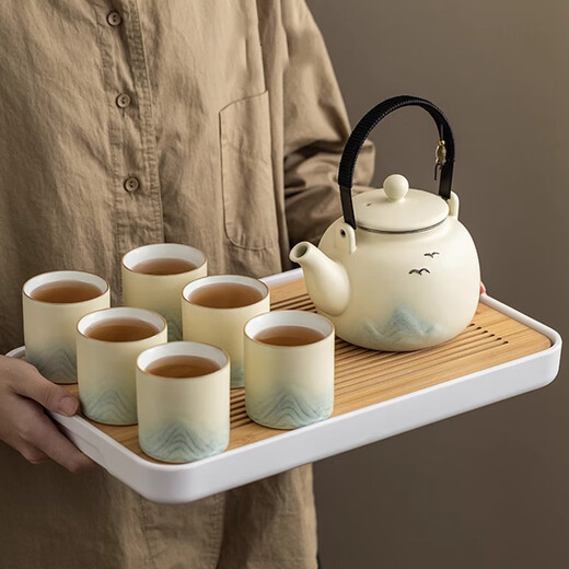 Jinpan Ceramic Kung Fu Tea Set Chinese-style large-capacity lifting beam household high-end teacup tea tray complete set teapot tea set one pot six cups + tea tray
