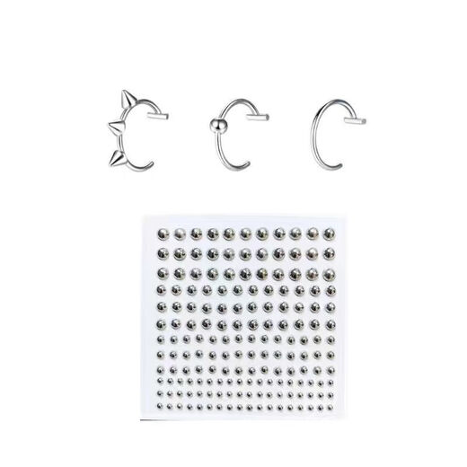 Meipai punch-free lip nail lip ring hot girl devil nail hemisphere adhesive ear nail ear bone nail lip nail nose nail titanium steel fake lip ring straight line + ball + wolf tooth + silver nail self-adhesive