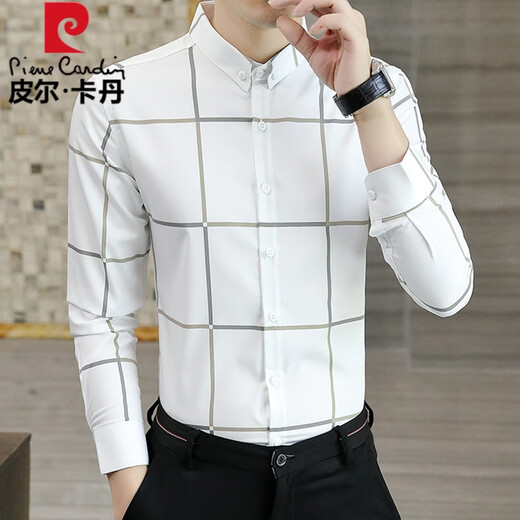 
Pierre cardin spring and autumn high-end plaid casual shirt men's long-sleeved thin shirt business slim-fit trendy shirt 9922 khaki XL (120-135Jin[Jin equals 0.5 kg])