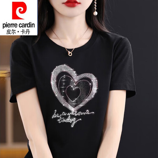 皮尔卡丹（pierre cardin）纯棉短袖t恤女大1码夏装新款时尚烫钻圆领半袖上衣黑色镶钻打底衫 圆领-连环爱心钻-黑色短袖 3524 M 适合80-90斤