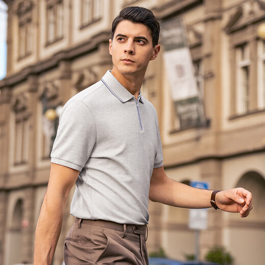 Mr. Bu's fashionable contrasting color zipper fly POLO shirt for men in summer pure cotton moisture-wicking short-sleeved AT16062 off-size clearance Volcanic Ash XL (180)