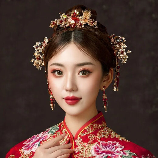Beibeiyu Bridal Xiuhe Clothing Headwear 2024 New Chinese Style Wedding Atmosphere Xiuhe Hairpin Red Three Styles Xiuhe Hairdress + Ear Clip No Ear Hole Shooting