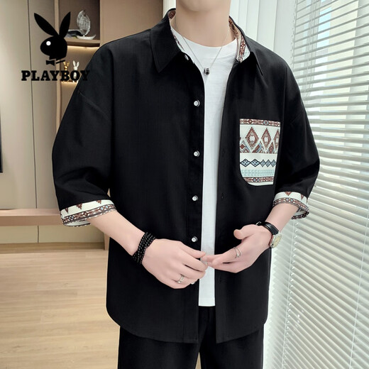 Playboy (Playboy) Camisa de manga corta a plazo) para la chaqueta de verano de los hombres Vacaciones de la marca Handsome Lazy Lazy Casual Seda de la manga de 7 trimestres 838 metros de blanco 3xl