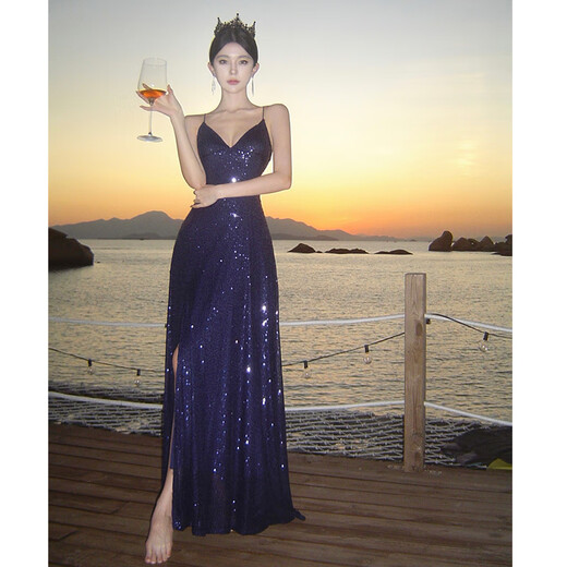 Spring Man Hepburn Style Vestido de noche sexy de lentejuelas sexy francesas para mujeres con súper largo vestido de suspensión de cuello en V de corte bajo L Azul L