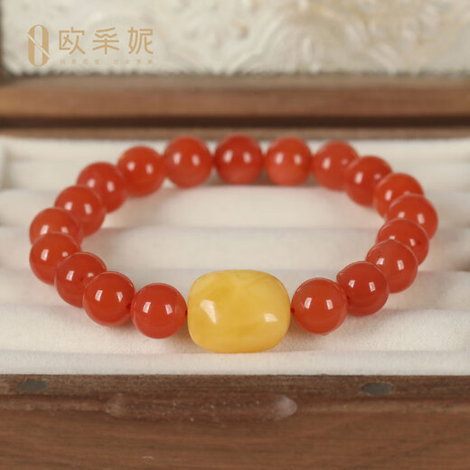 OUCERNY Yangliu Nan Red Agate Bracelet Buddha Bead Full Flesh Persimmon Red Duobao Bracelet for Men and Women with Styled Beeswax Pendant