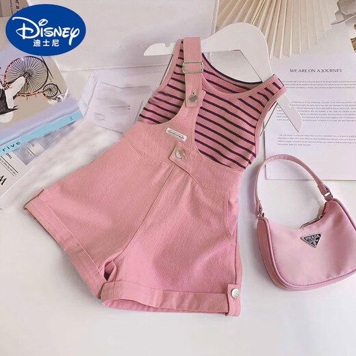Disney Girls Summer Overalls Set dünne Schlinge Shorts 2025 Neue modische super süße kleine und mittlere Kinderweste lila Ärmeln + One-Shoulder-Overalls 110 für 4-5 Jahre empfohlen