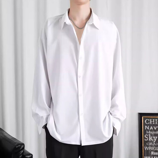 Shirt men's spring and summer long-sleeved drapey high-end loose casual black shirt men's long-sleeved ice silk inch shirt trendy C054 black regular L