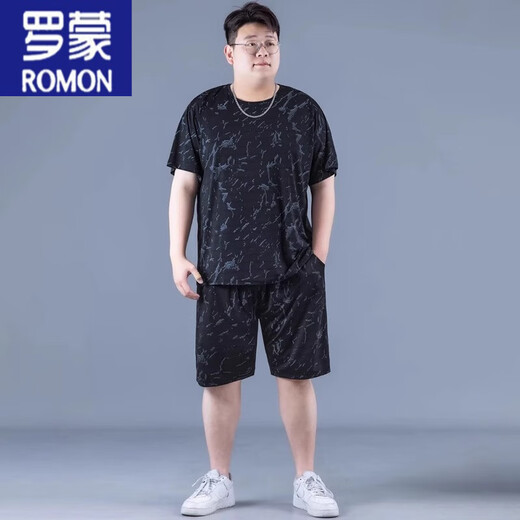 Romon Ice Silk Sports Traje para hombres Summer de gran tamaño de tamaño delgado de estilo de estilo rápido para hombres Fat Fat Plus Fat Plus Flow Short Sleas Z829 Negro de alta calidad Traje de seda de hielo 2XL recomendado 140-160Jin [Jin equivale a 0.5 kg]