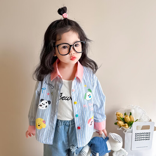 Qiyuxin children's clothing girls striped shirt spring and autumn children's shirt 2025 new little girl baby casual jacket top blue 90 (suitable for height 80-90cm)