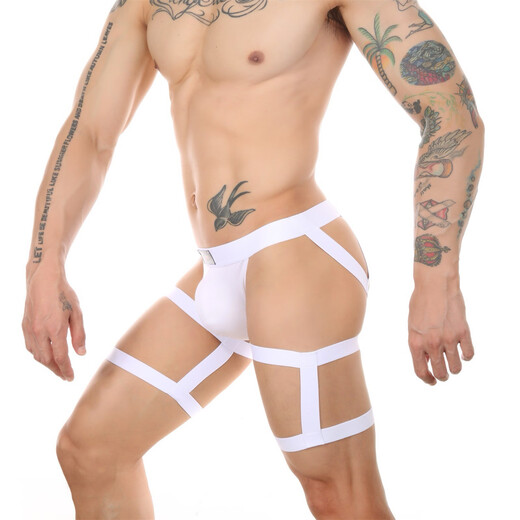 Men's sexy underwear, men's sexy thong, low-waisted, hollow, no-take-off double thong, nightclub, rainbow bar performance, 0 white M (66-73CM)