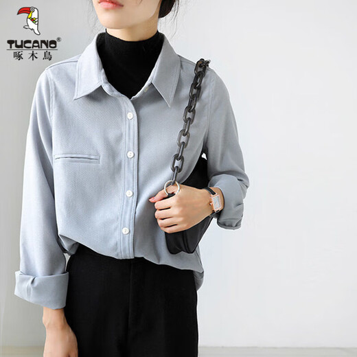 Woodpecker thickened brushed layered long-sleeved shirt women's autumn and winter retro pure cotton shirt versatile commuting professional top 8510 coffee color S