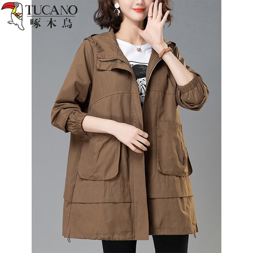 Woodpecker Korean Style Loose Windbreaker Women's Mid-Length Spring and Autumn Clothing 2026 New Casual Western Style Jacket for Middle-aged Mothers Brown 2XL (Recommended 130Jin Jin is equal to 0.5kg -145Jin Jin is equal to 0.5kg)