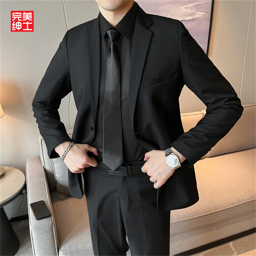 西服外套男轻熟风高级感修身单西休闲商务正装职业加大码伴郎西装 (单件装)黑色西装外套 XL 码140-155斤