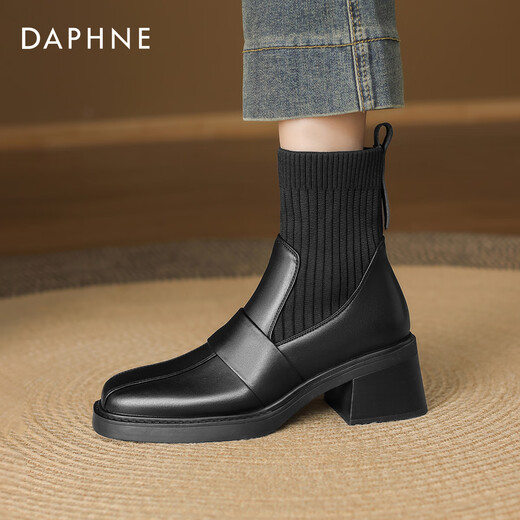 Daphne echte Lederstiefel Kurzstiefel für Frauen im Herbst und Winter Neue dünne Stiefel Chelsea Elastic Socken Stiefel Martin Boots Black Single 35