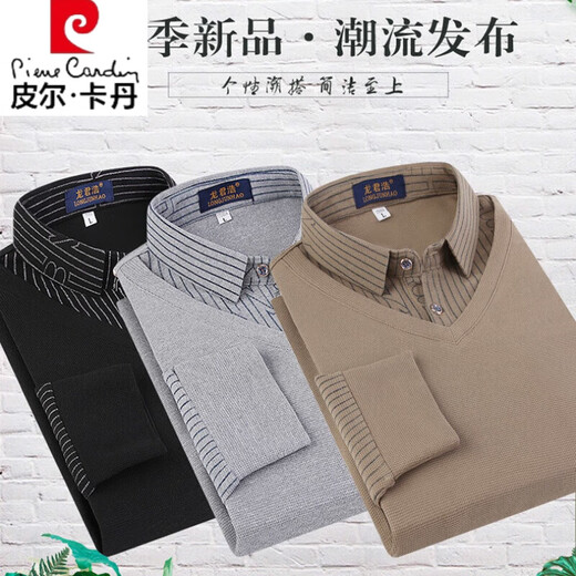 Pier Cardin men's fake two-piece L-shirt fashionable belly-covering men's new thin style. Long-sleeved T-shirt spring and autumn casual style 9901 khaki L recommended 90Jin [Jin equals 0.5 kg]-120Jin [Jin equals 0.5 kg]