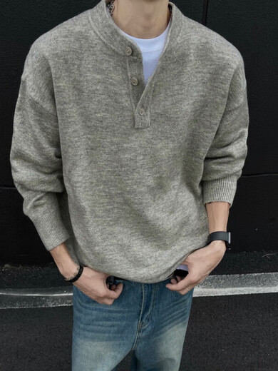 Yingtang American retro Henry collar sweater men's autumn and winter new lazy style sweater top loose outer floral gray M recommended 90-100Jin Jin equals 0.5 kg