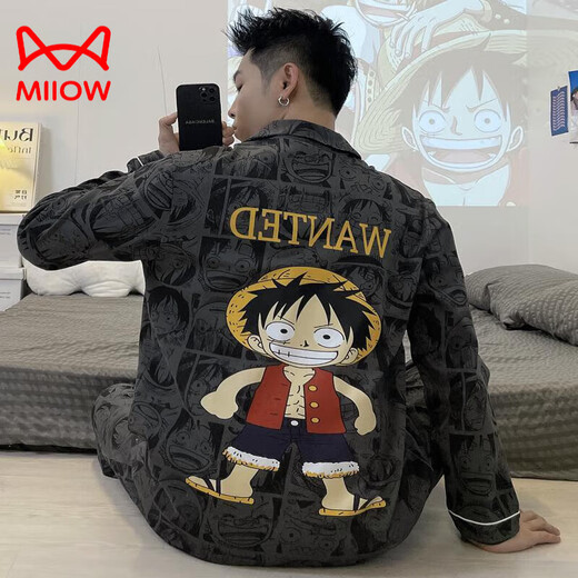 Cat Man (MiiOW) Pure Cotton Men's Pajamas Spring and Autumn Teen Cartoon Student Cardigan Large Size Men's Long Sleeve Trousers Home Clothing 9922 (Cardigan Long Sleeve) M