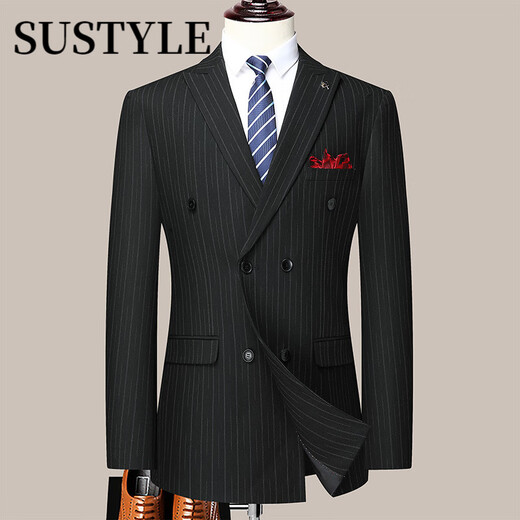 SUSTYLE high-end luxury men's suit suit men's spring and autumn business plus fat double-breasted groom's suit jacket men's black two-piece suit 2XL 185
